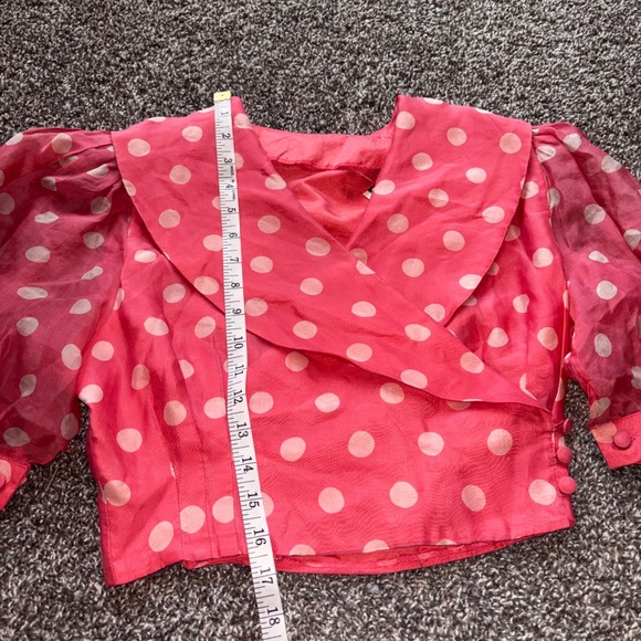 Vintage 60s Sears Puff Sleeve Pink White Polka Dot Sailor Collar Crop Blouse Top - Picture 3 of 7